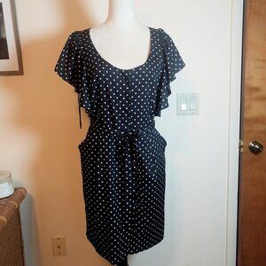 ELLE sz M DARK NAVY BLUE w/ PINK DOTS SNAP FRONT FLOUNCE SLEEVE DRESS w/ POCKETS